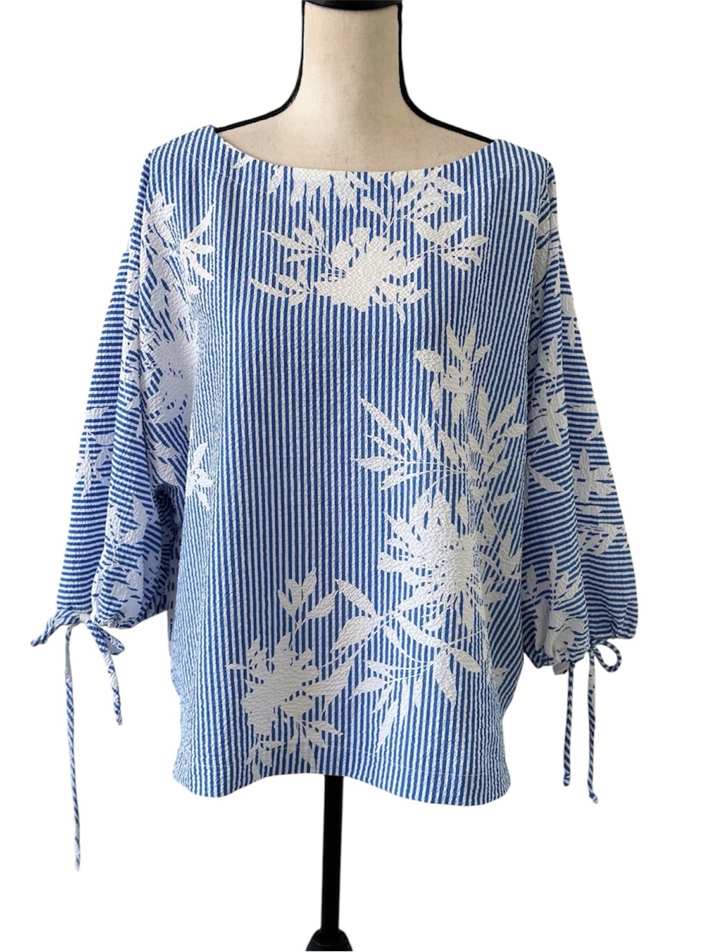 Joseph Ribkoff Blue White Stripe Floral Dolman Tie Sleeve Blouse Top Size 14